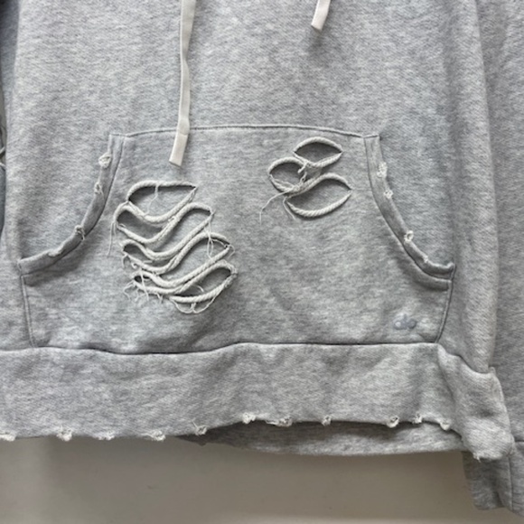 Alo Gray Distressed Hooded Sweatshirt Pullover Top - Picture 4 of 9